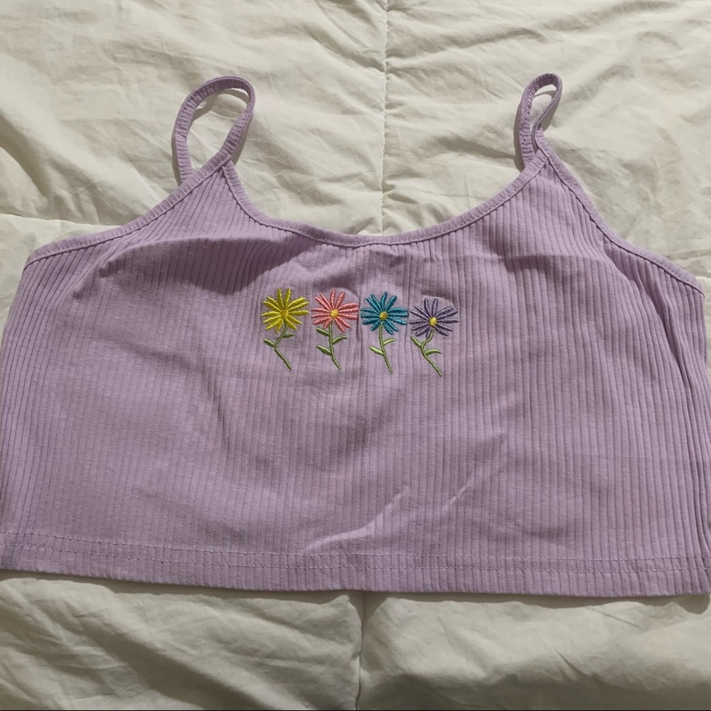 Lavender Rib-Knit Crop Cami Top with Embroidered Flower Design NWOT